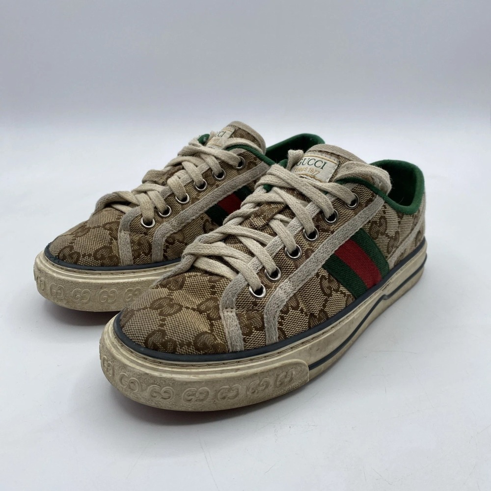 Gucci GG Monogram Canvas Sneakers Women Size 5 Beige Green Red Stripe